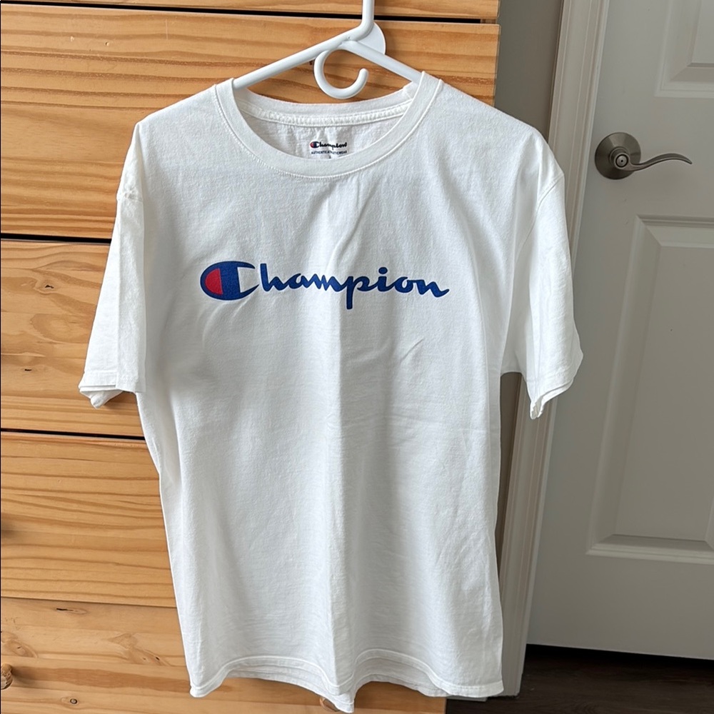 Champion Men's White Tee with Blue Logo